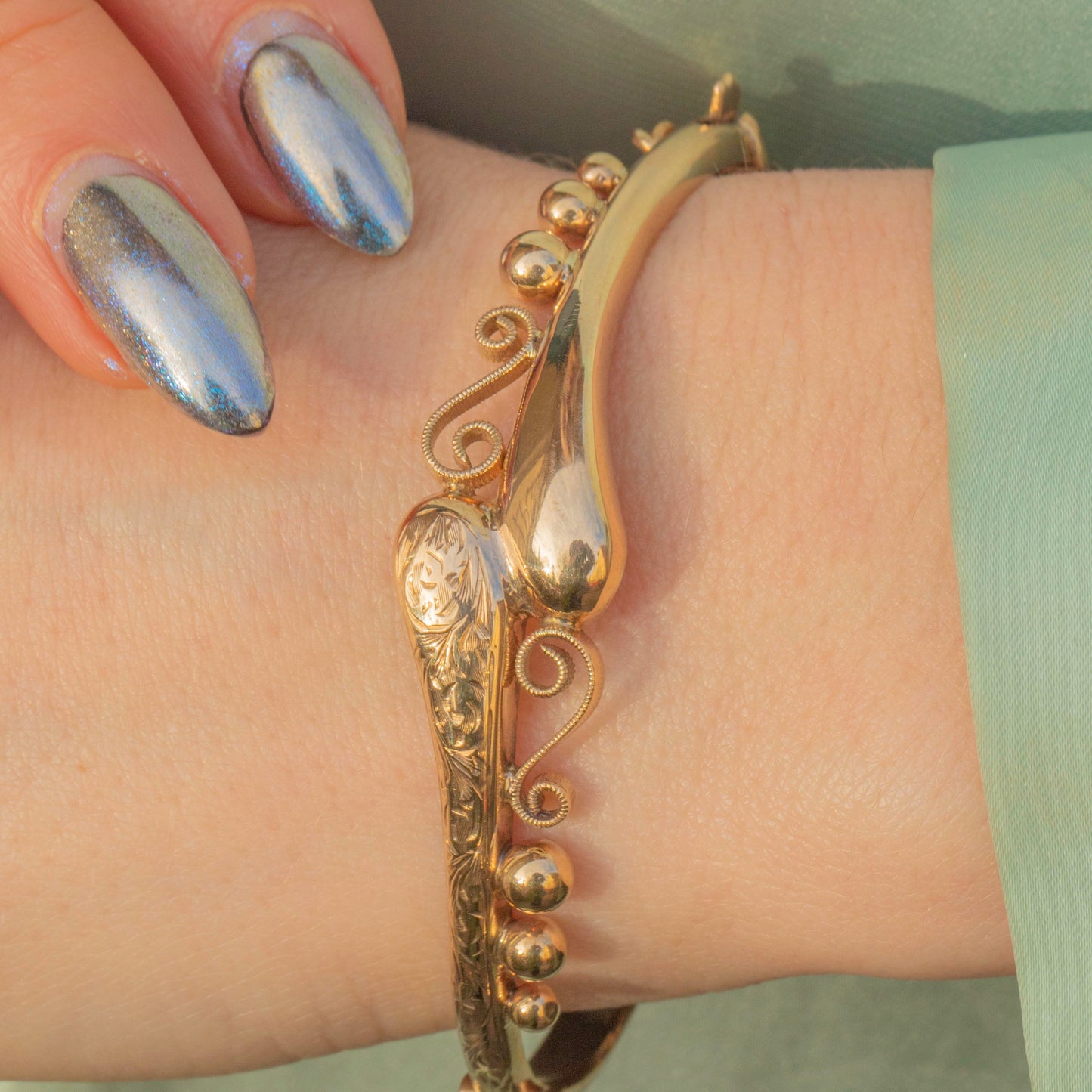 9ct Gold Engraved Twist Bangle, Smith & Pepper