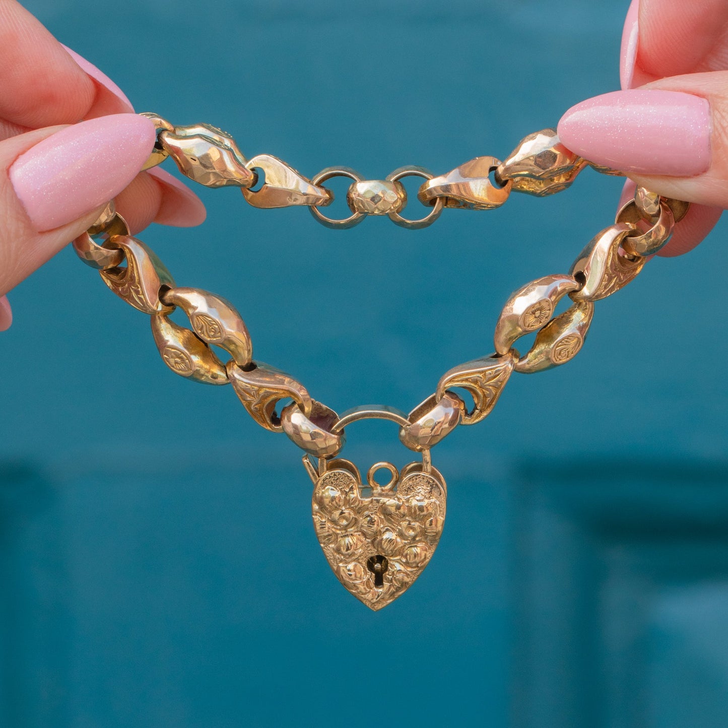 9ct Gold Engraved Fancy Bracelet, Repousse Heart Padlock