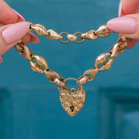 9ct Gold Engraved Fancy Bracelet, Repousse Heart Padlock