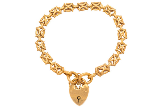 7 Antique 9ct Gold Gate Bracelet with Heart Padlock, 14.5g